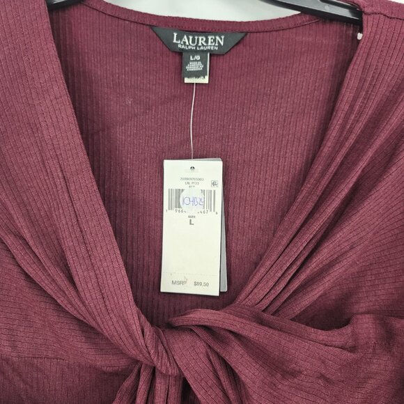 LAUREN Ralph Lauren Twist-Front Rib-Knit Cotton-blend Tee Vintage Burgundy L NWT - Picture 3 of 3